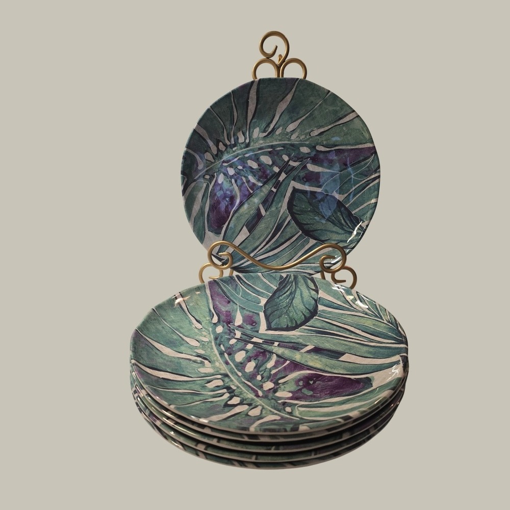 6 Tommy Bahama Melamine Dinner Plates in a tropical teal and purple leaf pattern